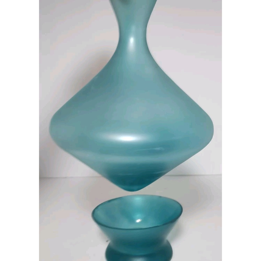 Turquoise Satin Glass 2 Pc Nesting Hourglass Stupa Vase W/ Base Set MCM Art Deco